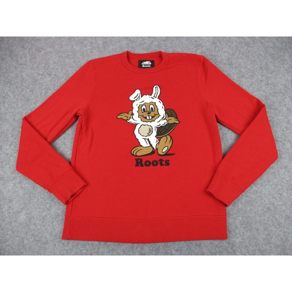Roots Canada Sweatshirt Mens Medium Red Beaver Fleece Embroidery Sweater
